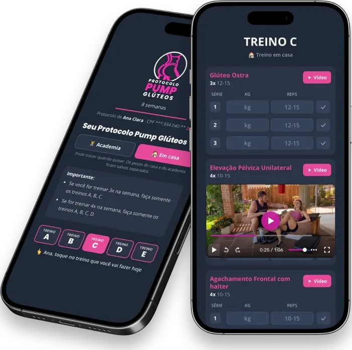 Telas do app do PPG: o protocolo da aluna e o treino do dia com vídeo do exercício